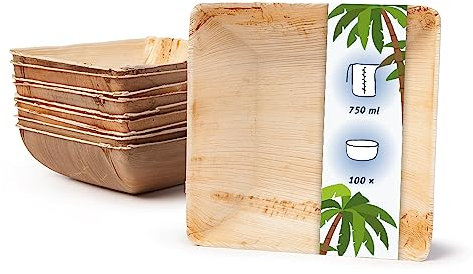 onlyleaf Palmware Vajillas desechables ecológicas hechas de hojas de palma I 100 piezas oja de palma tazón cuadrada 750ml 18cm I ensaladera - tazón de sopa - tazón de servir - tazón de aperitivos