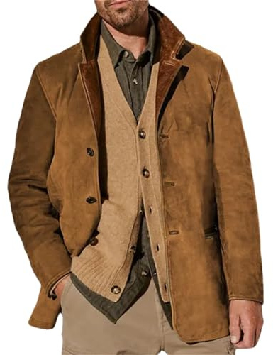 HESYSUAN Vestes en daim vintage pour homme, veste à double couche, col en fourrure, longueur moyenne, manteau pour l'automne et l'hiver en plein air, marron, L