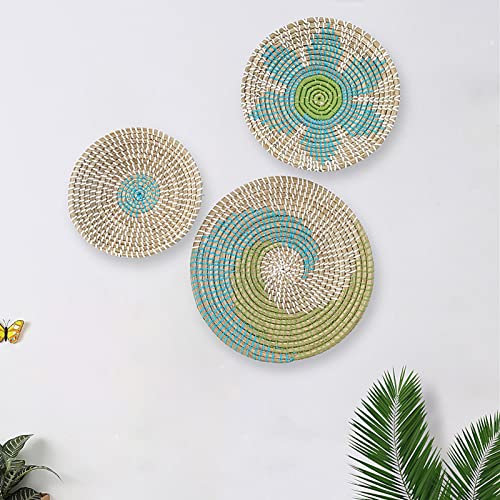 3 Stück Boho Wandkorb Dekoration Runde Seegras Geflochtene Körbe Natürliches Boho Dekorative Hängekorb Geometrisches Design Böhmische Hängende Dekorationen Für Wohnzimmer, Büro, Schlafzimmer Qikam