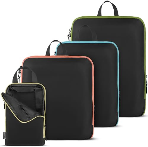 Compression Packing Cubes Set - 4 Carry-On Suitcase Organizer Bags with Compression & Inside Pockets