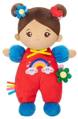 OUOZZZ Bambola Pelle Marrone con Sonaglio, Bambolina di Stoffa Morbida, Peluche Sicuro 25cm, Regalo Nascita