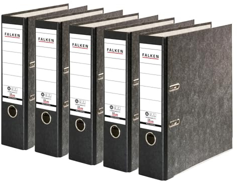 Falken - Confezione da 5 raccoglitori originali in marmo, realizzati in Germania, 8 cm di larghezza, DIN A4, dorso nero, raccoglitore ad anelli, raccoglitori per lettere, raccoglitori da ufficio, in