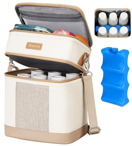 Mancro Breastmilk Cooler Bag with Ice Pack, Double Layer Insulated Baby Bottles Bag Fits 6 Bottles Up to 9 Ounces, Portable Breast Pump Cooler Travel Bag for Daycare and Nursing Moms, Beige