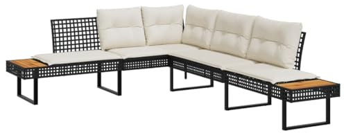 vidaXL Gartensofa in L-Form, Ecksofa mit Kissen 2 Ablagen, Lounge Set für Garten Terrasse, Gartenmöbel Sitzgruppe, Schwarz Poly Rattan Akazie