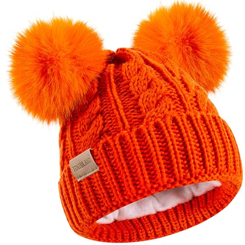 Kids Winter Beanie Children’s Warm Knitted Fleece Lined Ski Pom-Pom Warm Knit Hat for Boys & Girls 3-9 Years Orange