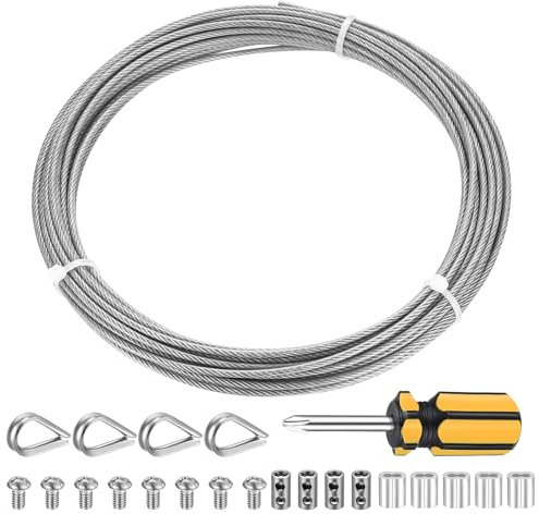 10m 2mm Stainless Steel Wire Rope Cable Kit with 7x7 Strand Core - Heavy Duty Rust-Resistant Metal Garden Wire for Picture Hanging, Fencing, Clotheslines, Lights & DIY Projects - Durable Steel Cable