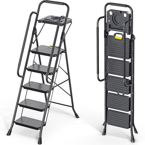 KINGRACK Trittleiter 5 Stufen klappbar mit Fester Werkzeugablage, bis 360 kg belastbar, Klapptritt mit Breiten Anti-Rutsch-Stufen, Stabiler Tritthocker mit Handlauf für Küche & Haushalt, Schwarz