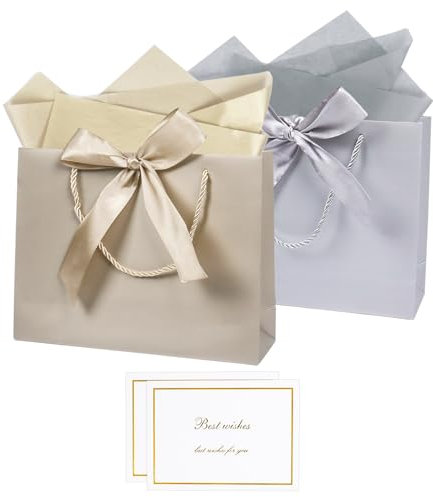 2 Stück Geschenktüte mit Schleife 32 × 10 × 25 cm Papier Geschenktüten mit 2 Seidenpapier und 2 Karten, Papiertüten Groß für Geburtstag Hochzeit, Silber, Champagner