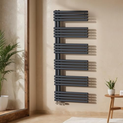 EMKE Design Rundrohr Handtuchheizkörper 1535x600 mm, Badheizkörper Handtuchhalter mit Seitenanschluss, Handtuchwärmer & Handtuchtrockner in Anthrazit 933W