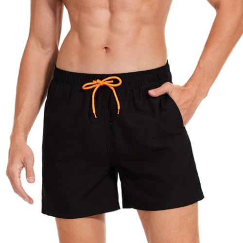 AMZSPORT Badbyxor för män korta vattentäta badshorts med nätfoder och fickor, svart, S