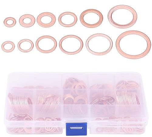Kupfer-Unterlegscheiben-Set, 280-teilig, 12 Größen, Kupfer-Unterlegscheiben-Sortiment mit Aufbewahrungsbox, flaches Messing-Runddichtungs-Flachring-Set für Automobil und Marine