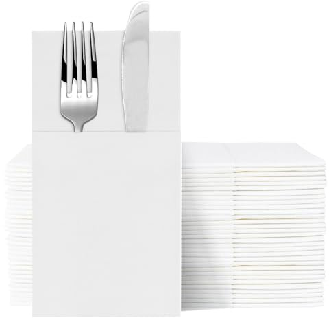 Faliuepe White Paper Napkins with Built-in Flatware Pocket Linen Feel Disposable Prefolded Pocket Napkins for Dinner, Party, Wedding-50 Pack