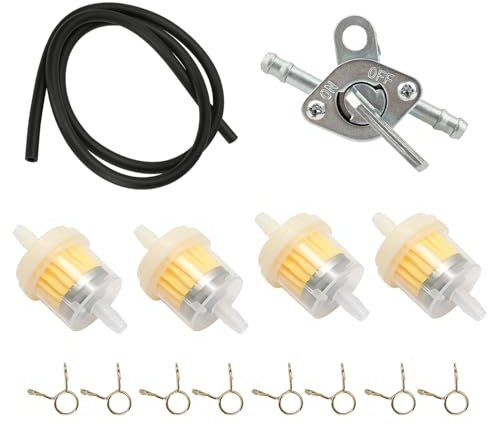 Taicols Benzinfilter Kit, 6mm Benzinschlauch Set, Benzinfilter Moped, Kraftstofffilter Diesel für Auto Motorrad, Kraftstoffleitung Kit mit 1M Schlauch und 4 Filter 8 Schlauchschellen und Ventil