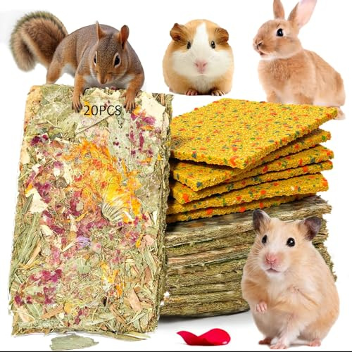 GREMBEB 20 Pcs Rabbit Chew Toys 2 in 1 Bunny Treats Timothy Hay Chips with Apple Carrot Herbal Flowers Snack for Guinea Pig Chinchilla Hamster Teeth Grinding Dental Care Small Animal Food