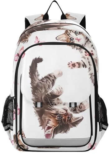RPLIFE Sacs à dos pour enfants, sac à dos mignon pour enfants, grand sac à dos pour filles et garçons, motif chats mignons, papillons, blanc, taille unique, sacs à dos traditionnels, Jolis chats