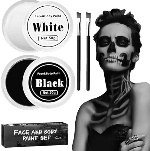 100g Halloween Schminke Schwarz Weiß,Halloween Make up Set, Gesichtsbemalung Schwarz Weiß, Bodypainting Farben,Kinderschminken Set, mit 2 Schminkpinseln, für Halloween, Fasching Oder Verkleidungsparty