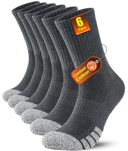 PULIOU Mens Outdoor Hiking Socks, Moisture Wicking Breathable Walking Socks for Men and Women, Thick Cushion Anti Blister Cotton Sports Sock for Running Trainer Cycling 6-8 9-12 (5 Pairs/6 Pairs)