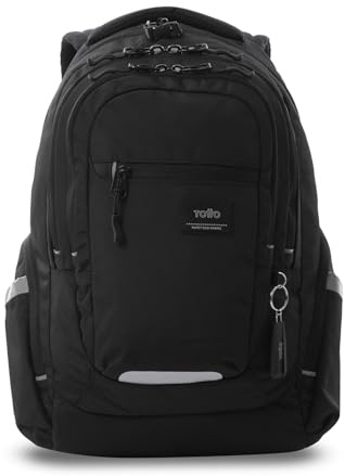 TOTTO - Mochila para Ordenador Portátil 13 Pulgadas, Modelo Eufrates, Mochila Eco-Friendly, 6 Compartimentos, Cremallera para Candado, Bolsillos Botella, Espaldar Ergonómico, Color Negro