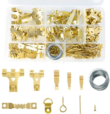 Picture Hooks 250 Pcs, Picture Hanging Kit Heavy Duty with Picture Wire Nails with Screws Sawtooth Hangers D-Ring Assorted Frame Picture Hooks for Mirrors Decor Paintings Plasterboard Walls (Gold)