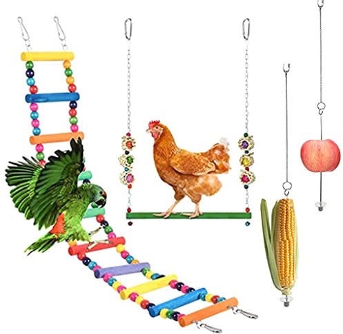YROHGKPN Lot de 4 jouets pour poulet - Grande balançoire à oiseaux - Échelle - Jouet suspendu - Distributeur de nourriture pour perroquets