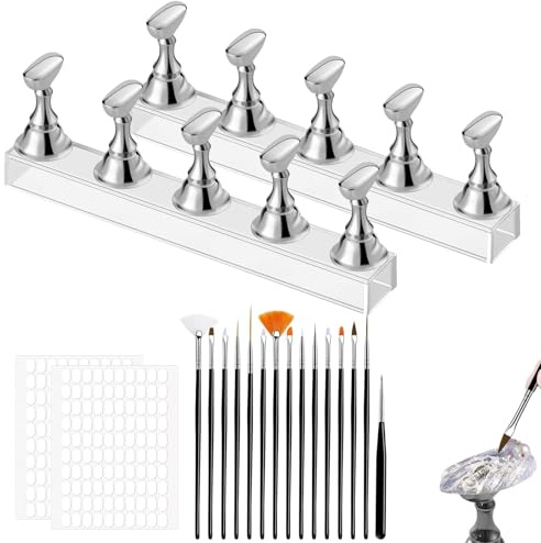 2 Stück Nagel Stander Magnetische Nagelständer aus Acryl, Abnehmbar Nail Holder mit 15 Pcs Gel Nagel Pinsel, 200 Pcs Doppelseitiges Klebeband, Nail Art Zubehör für Display Fingernagel Diy Design