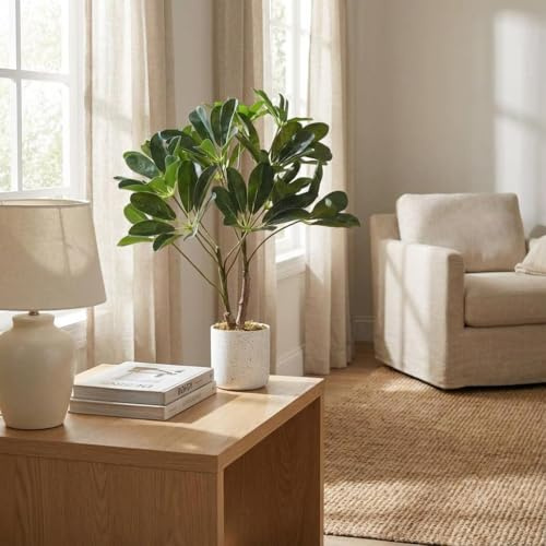LALFPET Artificial Schefflera Umbrella Tree with Two-Pronged Seven-Star Leaves – Realistic Faux Indoor Green Plant in Planter for Home & Office Décor, Golden Pothos Look, 45cm, Set of 2 – Specs: