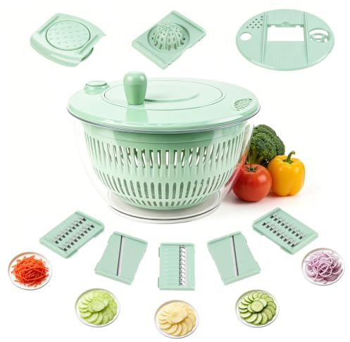 PTSUPLES 3-in-1 Salatschleuder mit 4,5 L Fassungsvermögen, Multifunktionaler Gemüseschneider mit 5 Edelstahlklingen, zum Waschen, Schleudern und Schneiden mit Deckel, für Salatzubereitung