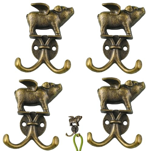 4pcs Antique Brass Coat Hooks, Vintage Decorative Wall Hooks for Farmhouse Style Entryways, Heavy Duty Animal Coat Hooks for Coats and Bags, Set of Four Brass Hooks Measuring 8 by 5.8 by 4.1 Cm