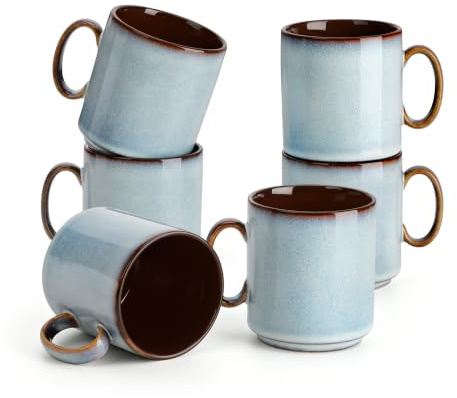vancasso Lök ljusblå stengods mugg set med 6, 360 ml keramiska kaffemuggar med handtag, reaktiv glasyr kaffekoppar för kaffe, latte, te och varm choklad, mikrovågsugn och diskmaskinssäker