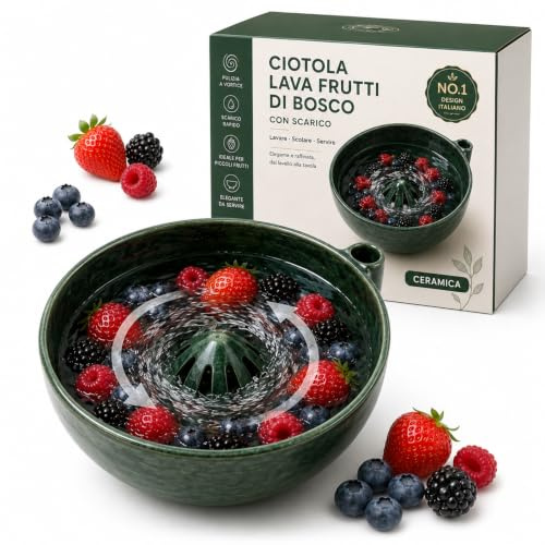 Ciotola Lavaggio Bacche con Scarico, Lava Frutta Vortice in Plastica o Ceramica, per Mirtilli, Fruttini e Frutti di Bosco (Verde)