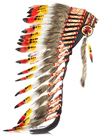 Pink Pineapple Traditioneller Indianer Inspirierter Kopfschmuck handgefertigt im traditionellen Stil Nordamerikanischer Indianer - Mittlere Länge - Orange,Rot, Schwarz, und Weiß