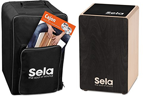 Sela SE 157 EN Primera Cajon Einsteiger-Bundle mit Rucksack, Sitzpad und englischer Anfängerschule, CD/DVD, Schwarz