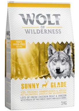 Wolf of Wilderness Adult Sunny Glade - Venison, Premium Complete Dry Dog Food 100% Grain and Gluten Free Enriched with Fruits of the Forest, Wild Herbs and Roots 5 kg