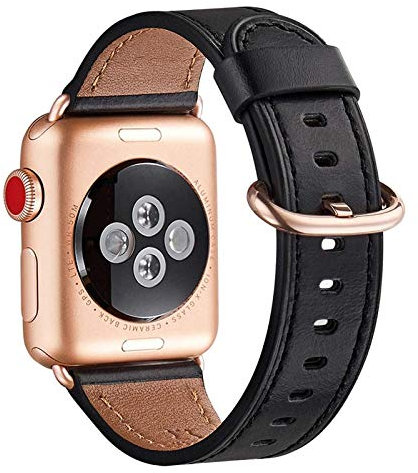 WFEAGL Kompatibel für Apple Watch Armband 40mm 41mm 38mm 42mm(Series 11 10),Lederband Ersatzband für Herren Damen Kompatibel für iWatch Series 11/10/9/8/7/6/5/4/3/2/1,SE/SE2,Schwarz+Roségold Adapter