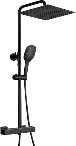 JOHO Regendusche Duschsystem Thermostat Duschset mit Thermostatarmatur, Edelstahl Duschstange, Kopfbrause 25x25cm matt schwarz(2525+Thermostat MB)