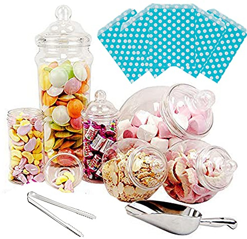 Purple Square 6 Jar Retro Pick & Mix Victorian Sweet Shop Candy Buffet Kit Party Pack with Tongs & Bags - Blue Polka