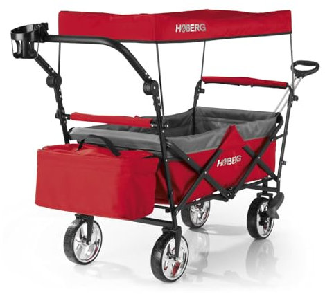 Hoberg Carrello a mano Premium pieghevole con tetto con protezione UV | Con portabevande, borsa termica 13 l, manico telescopico e freni | Come carrello di trasporto 80 kg di portata [Rosso-Grigio]