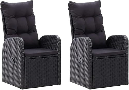 KOIECETA 2X Garten Liegestuhl mit Auflagen Gartenstuhl Relaxstuhl Sessel Stuhl Gartensessel Gartenmöbel Hochlehner Poly Rattan Schwarz, V4606