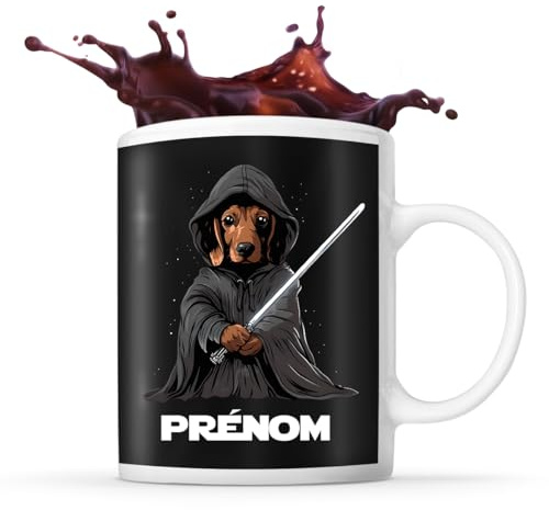 Planetee Tasse Teckel avec sabre laser Prénom Nom Personnalisable - Mug Café Thé Idée Cadeau Personnalisé Homme Femme Original pour Propriétaire de Chiot