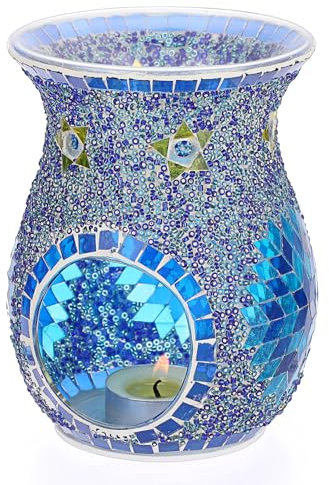SUMNACON Glass Duftlampe mit Kerzenhalter Teelichthalter Kalebasse Aromalampe Duftlicht Aromabrenner für Duftöl und Duftwachs Mosaik-Muster(Blau)