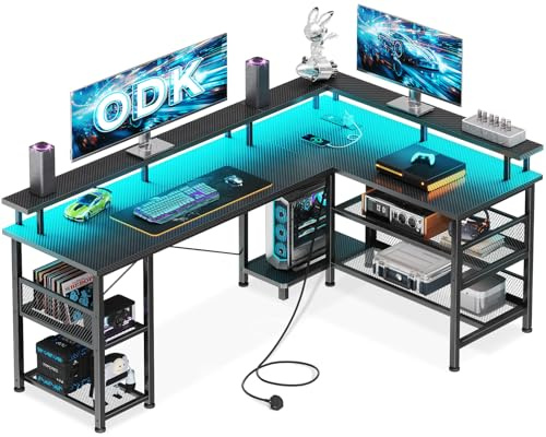 ODK L Shaped Gaming Desk with LED Lights & Power Outlets, 150×102cm Reversible Corner Desk with Storage Shelves, Computer Desks with Monitor Stand, Carbon Fiber Black