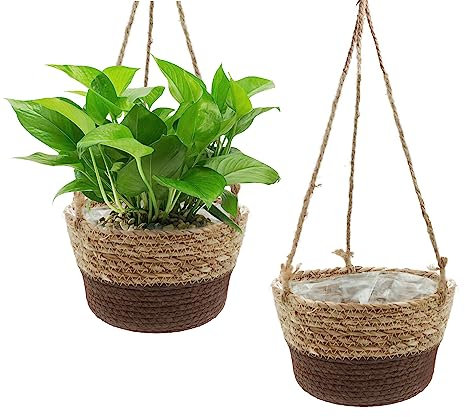 Blumentopf Hängende Seegras Pflanzenkorb,2 Stücke Boho Blumenampel 20cm Handgewebter Pflanzen Pflanzkübel Hängetopf Korb Natürlicher Pflanzkorb Hängeampel Pflanzenampel, Braun
