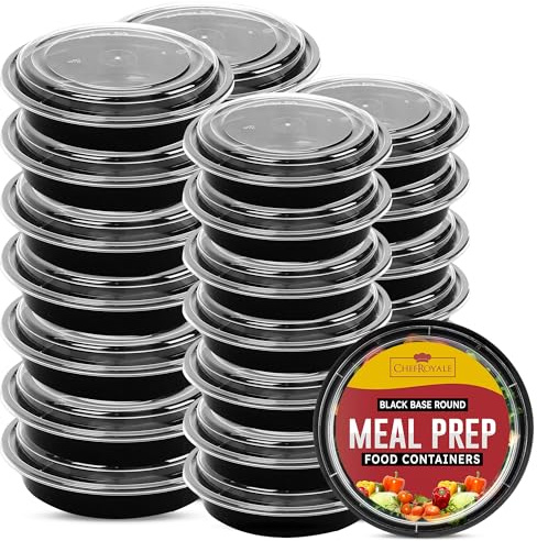 CHEF ROYALE 32oz (20 Pack) Black Base Round Meal Prep Containers Reusable Food Containers with Airtight Lids Plastic Food Containers - Microwaveable, Freezer and Dishwasher Safe