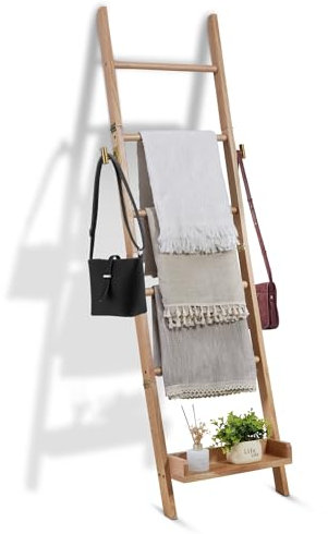 Surala 6-Tier Wooden Blanket Ladder, Rustic Decorative Quilt Rack & Farmhouse Ladder Shelf Storage Organizer with 2 Bonus Hooks, Wall Leaning Towel Holder Rack for Bathroom, Living Room & Bedroom