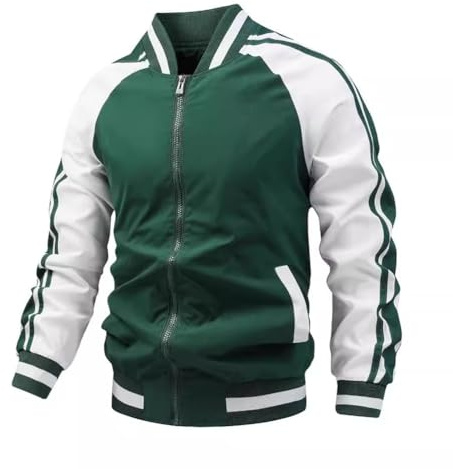 Oanviso Veste De Baseball Homme Manteau College Jacket Unisexe Sport Varsity Veste avec Zippé Blouson Patchwork Printemps Bomber Veste de Survêtement Streetwear B Vert Foncé XL