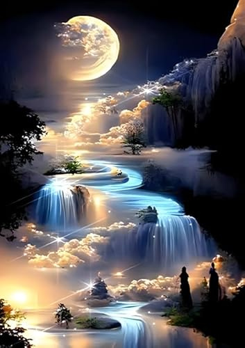 Kit Completo di Pittura Diamante 5D, Paesaggio di Cascata con Luna Luminosa 30x40cm, DIY Diamond Painting per Adulti, per Decorazioni da Parete in Soggiorno o Camera da Letto，Adatto per principianti