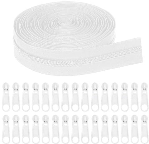 Cerniera Lampo Bianca Continua Lunga 20 m Tagliabile Cerniera Lampo Infinita con 40 Cursori Nylon Cerniera lampo zip Cerniera per Biancheria da Letto Tessuti Abiti Borse