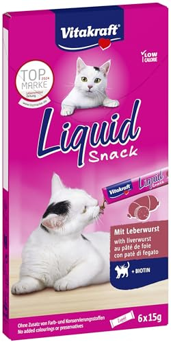 Vitakraft Liquid Snack, Cat Treat, Creamy Cat Snack, Liver Sausage & Biotin, Individual Sachets, for Better Skin (1 Pack of 6 x 15g)