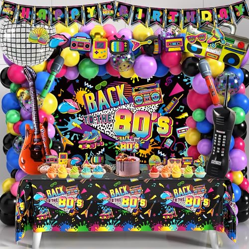 80s Party Decorations 80s 90s Theme Birthday Party Decorations 80s Party Supplies with Back To The 80's Backdrop Tablecloth HAPPY BIRTHDAY Bannner Radio Boombox and Mobile Phone Balloon Arch Kit