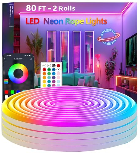 Bvokon 24M Neon Rope Lights,Flexible Led Rope Light Control with App/Remote,Multiple Modes,Music Sync,IP65 Outdoor RGB Led Strip Lights Waterproof